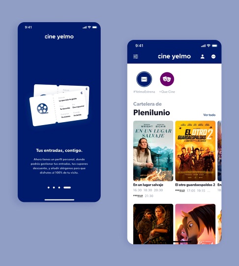 Cine Yelmo: pantalla de bienvenida y cartelera con los carteles de las películas