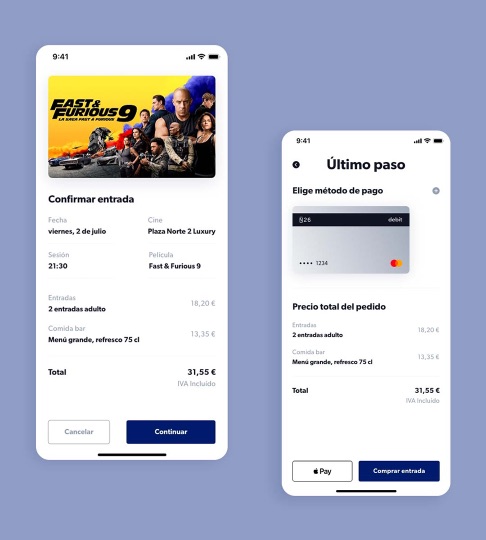 Cine Yelmo: pantalla de pago con el resumen de la compra