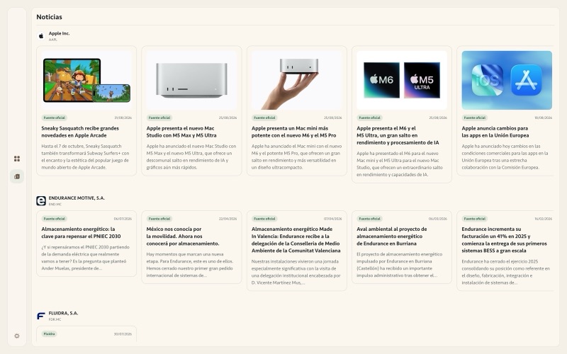 Sección de noticias de GBV: tarjetas por empresa con imagen, fecha y la etiqueta de fuente oficial