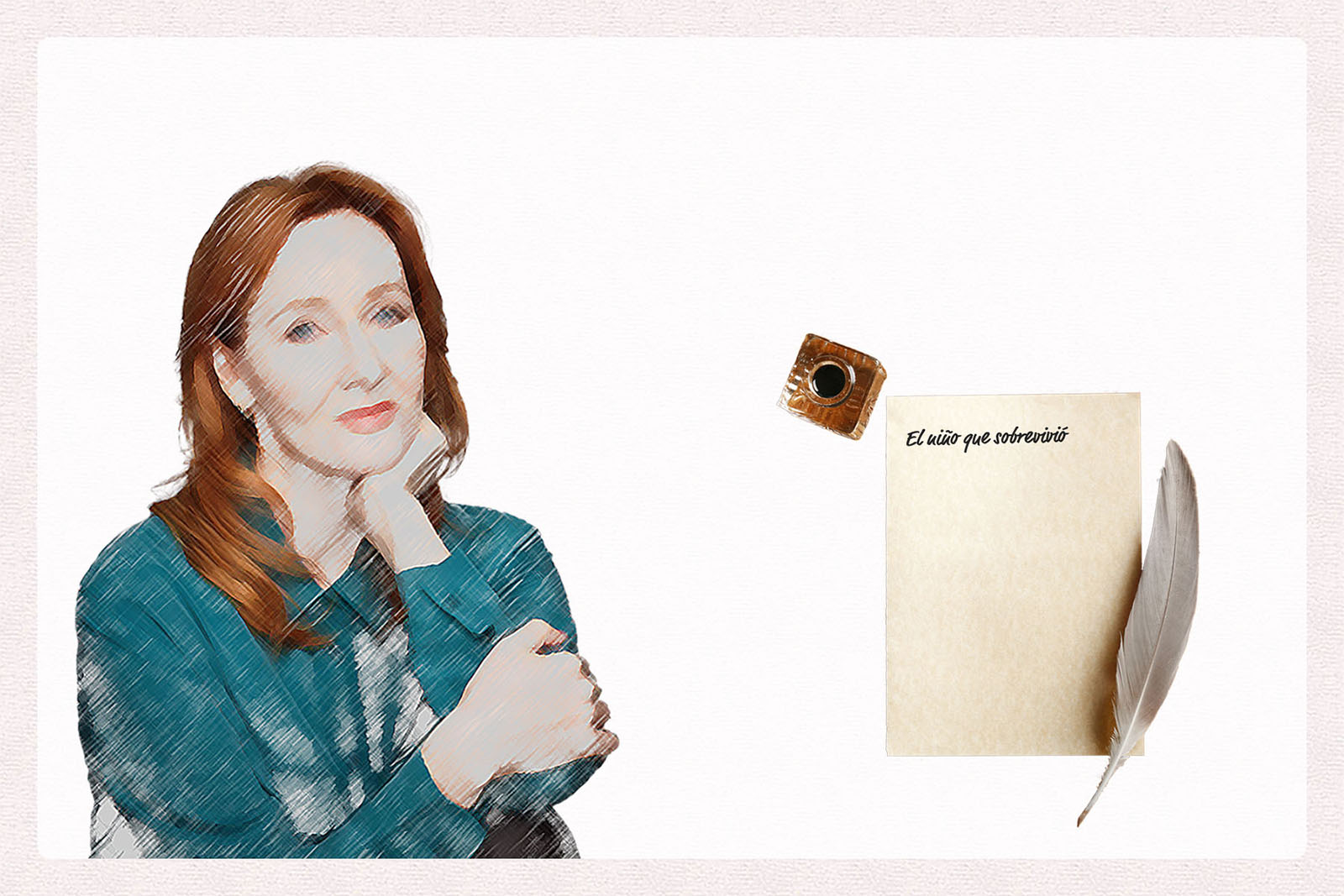 Retrato de JK Rowling con un pergamino antiguo y una pluma.